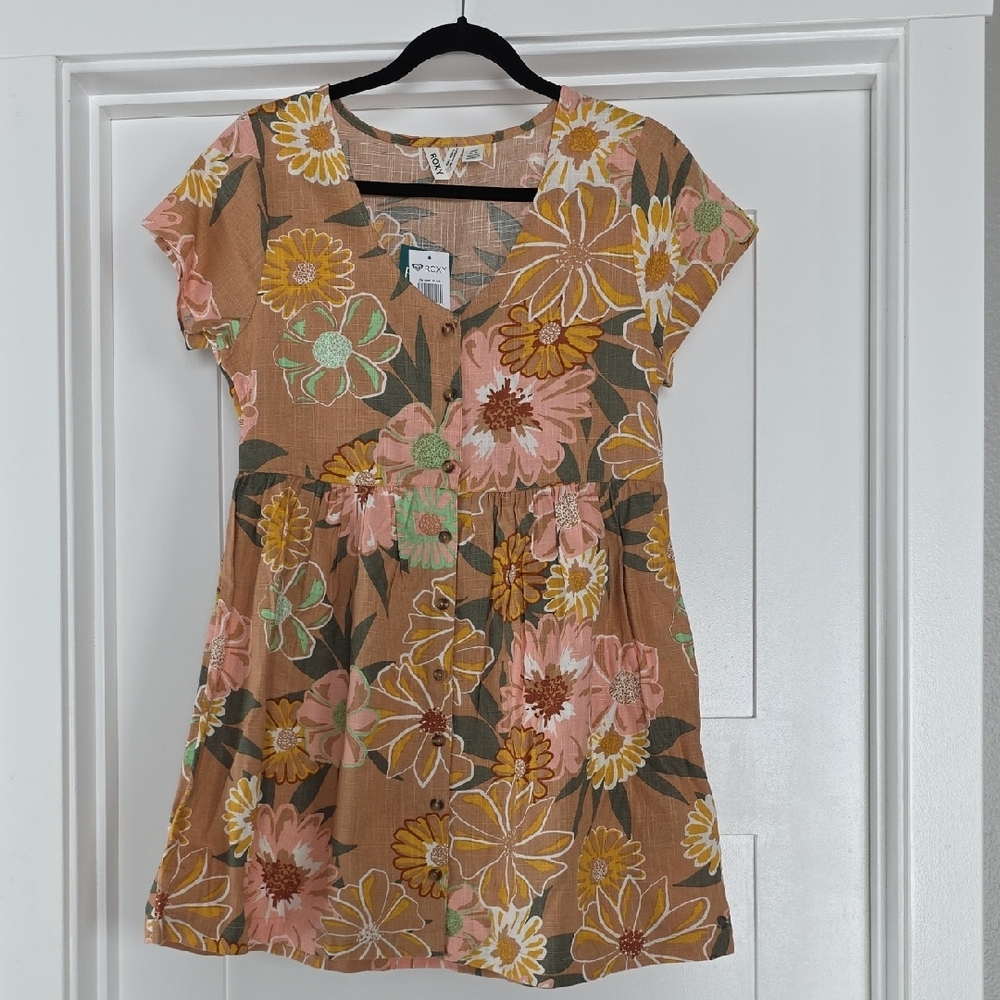 Roxy Peach Floral Button-Front Dress with Yellow & Green Accents